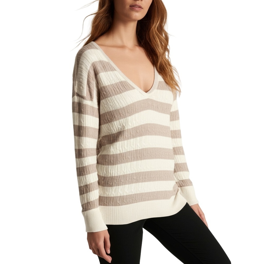 Womens Small Sweater Cream Beige Striped Cable Knit‎ V Neck